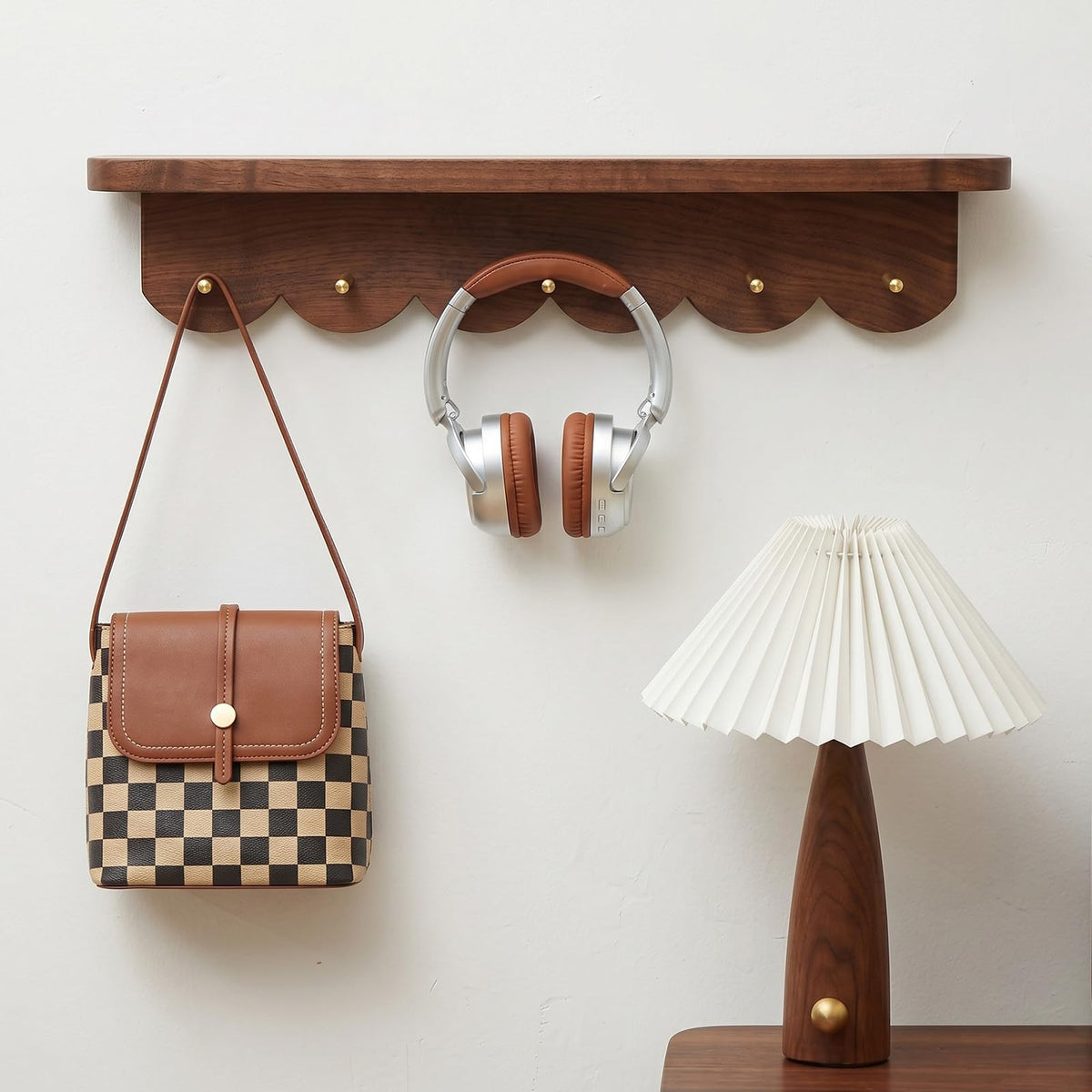 Scalloped Walnut Wall Shelf with 6 Brass Hooks, 24.5 Inch