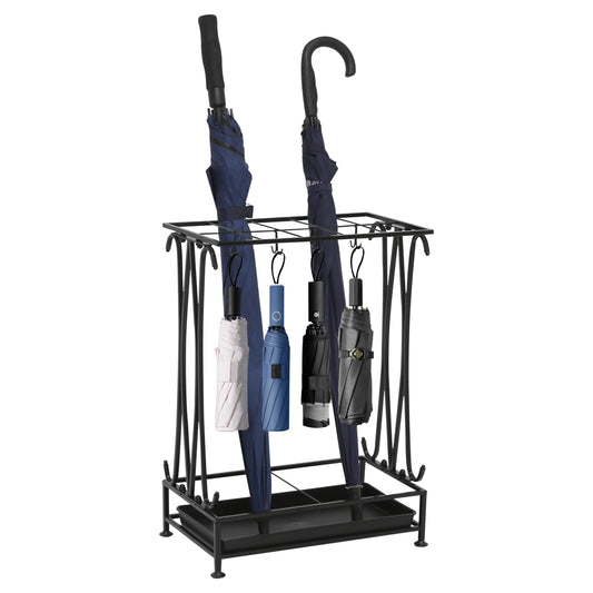 Umbrella Stand with 10 Slots and 8 Hooks, Black Metal with Drip Tray
