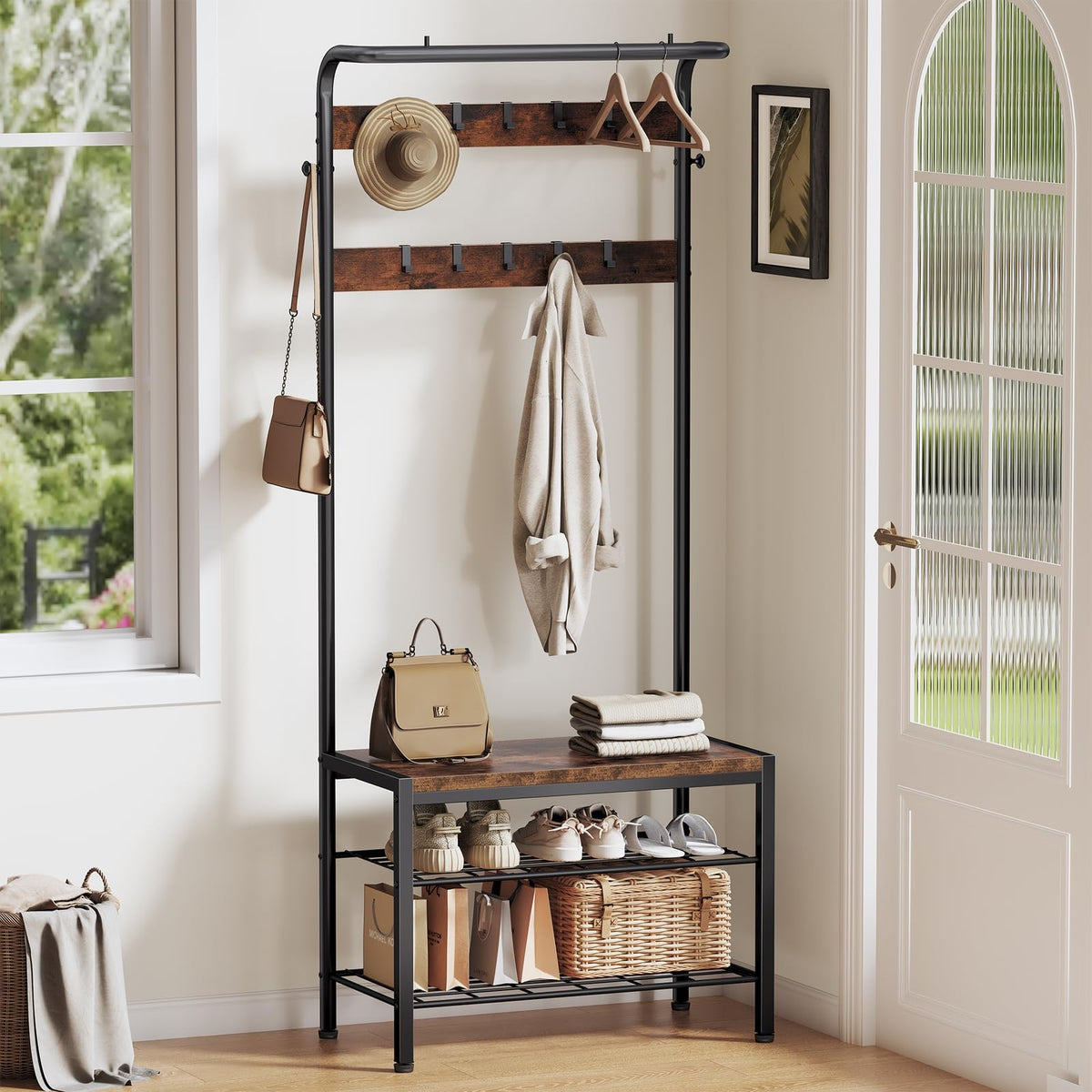 Hall Tree with Lift Top Bench and 10 Hooks, 73 Inch, Rustic Wood