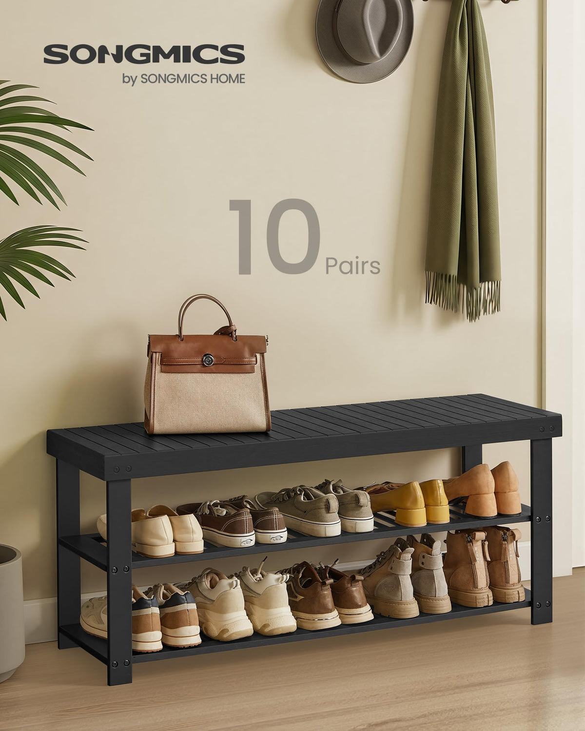 Black Bamboo Entryway Bench with Shoe Shelves, 3 Tier, 42.9 Inch