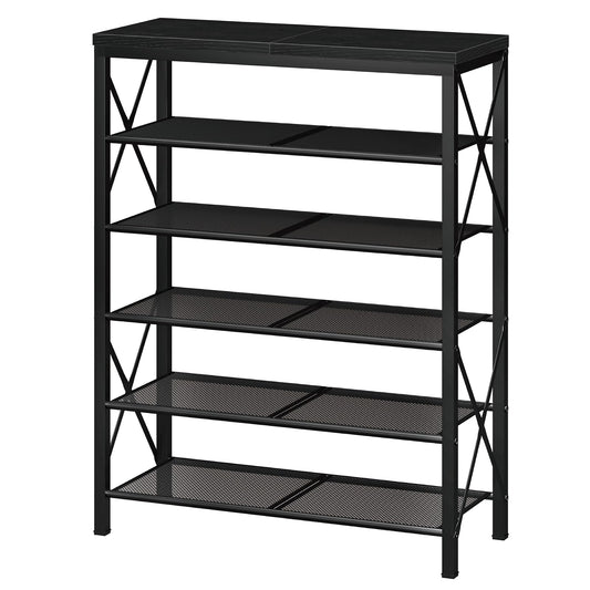 6-Tier Metal Shoe Organizer with Wood Top and Mesh Shelves, Black