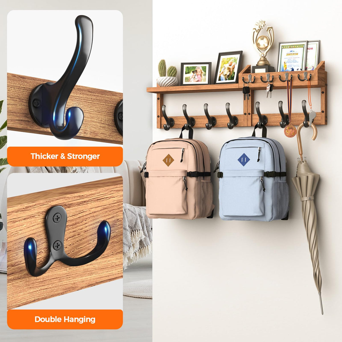 29 Inch Wall Mounted Coat Rack with Shelf and 11 Hooks for Entryway, Brown