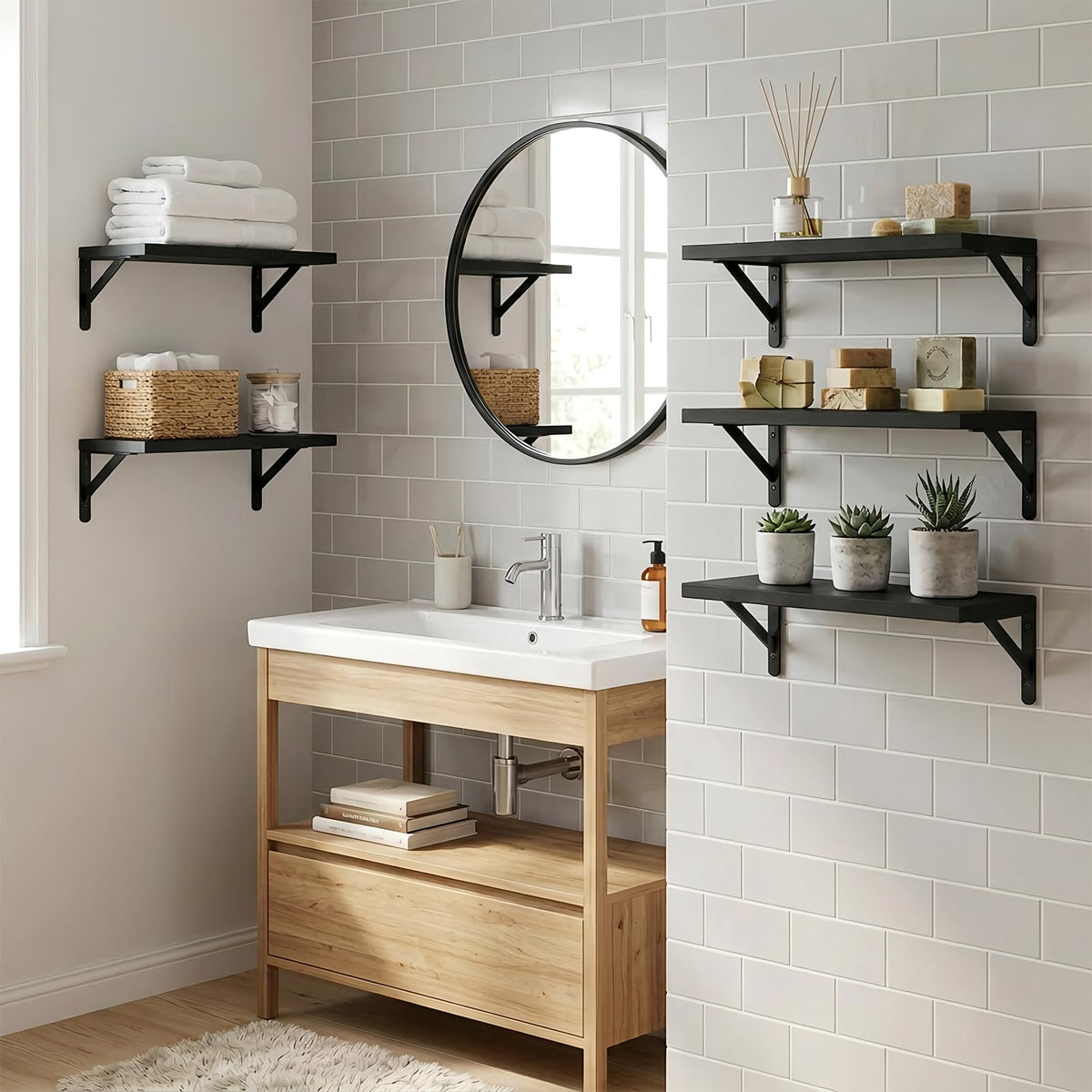 Black Floating Shelves, Set of 5, 16.5 Inch Wood Wall Shelves