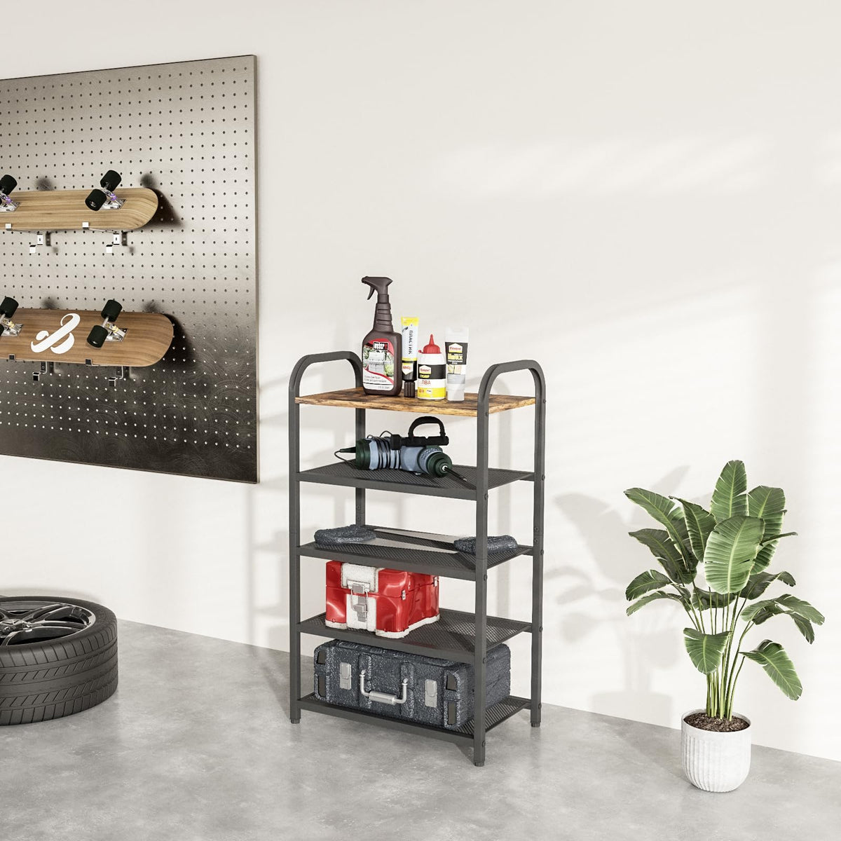 Narrow Metal Shoe Rack with Rustic Wood Top, 17 x 10.24 x 29.13 Inch