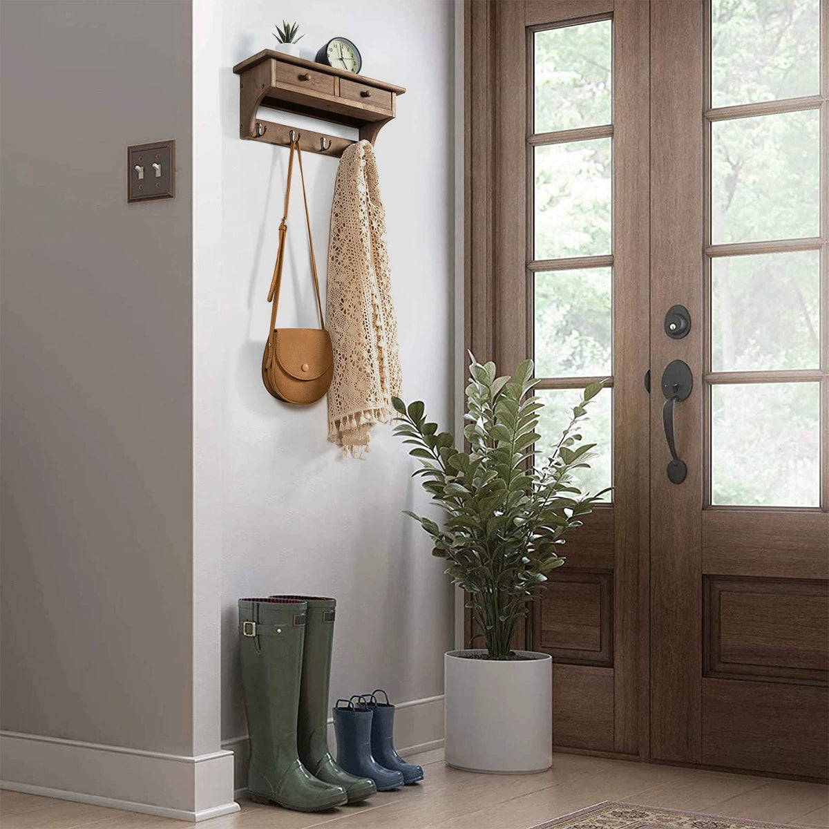Walnut Wall Shelf with Bronze Coat Hooks, 17 Inch