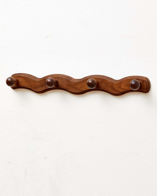 Walnut Wood Wall Hook Rack with 4 Rounded Hooks for Coats and Towels