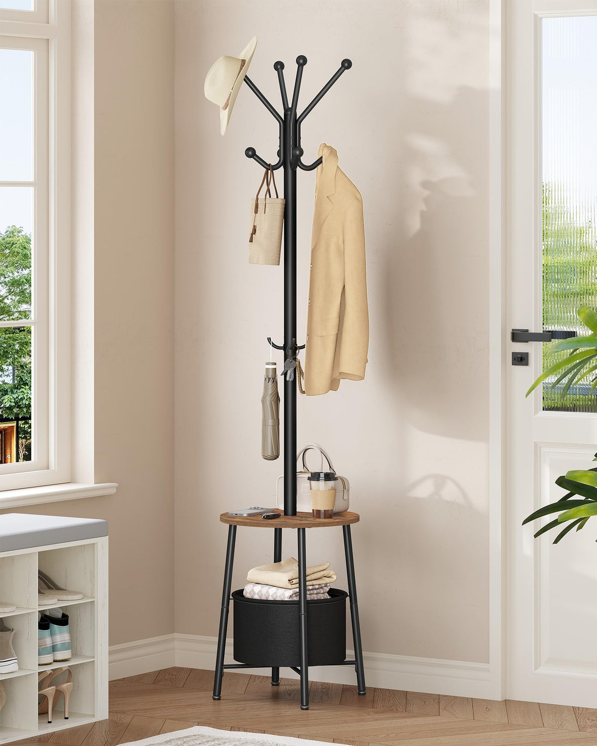 Freestanding Coat Stand with 12 Hooks and Storage Basket, 69.6 Inch Tall