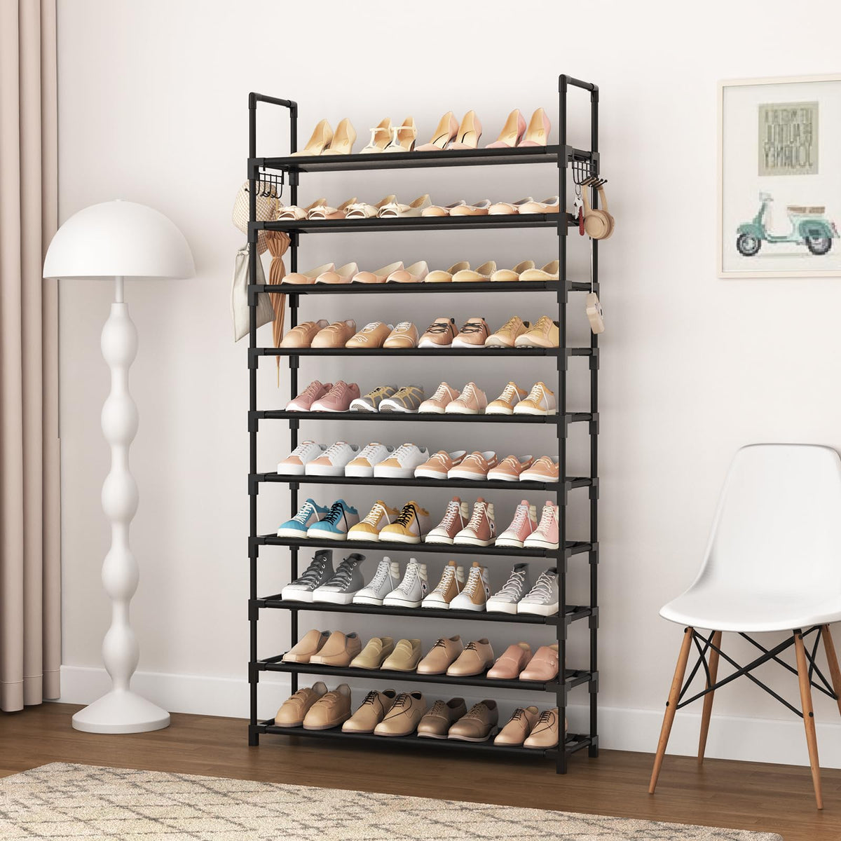 10-Tier Tall Metal Shoe Rack with 2 Hooks, Wide Large Capacity Shoe Organizer