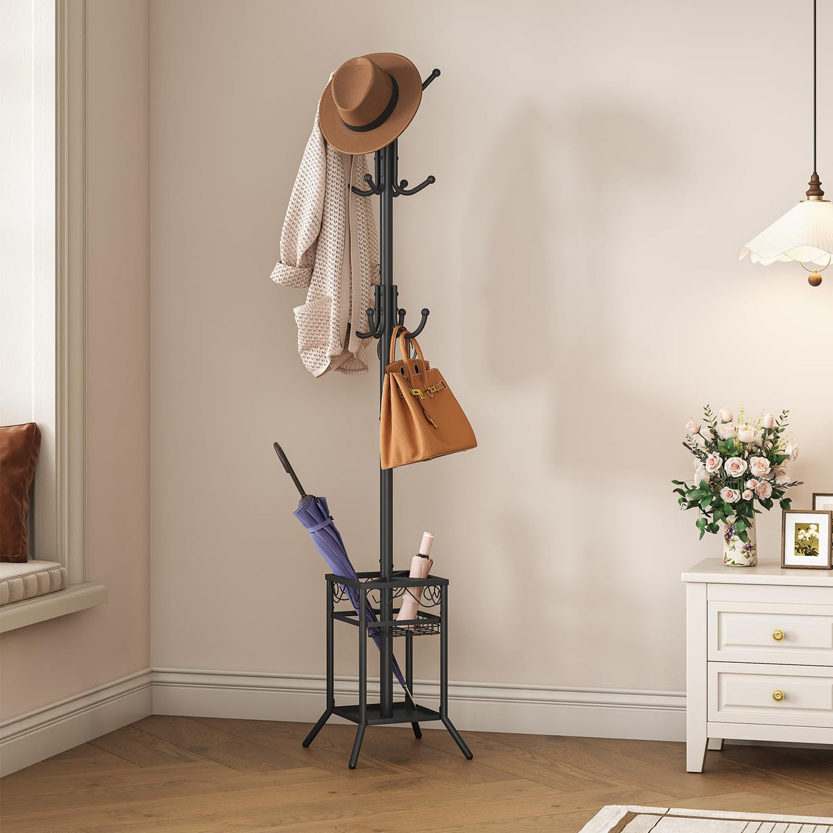 Metal Coat Stand with Umbrella Holder, 12 Hooks, 71.9 Inch, Black