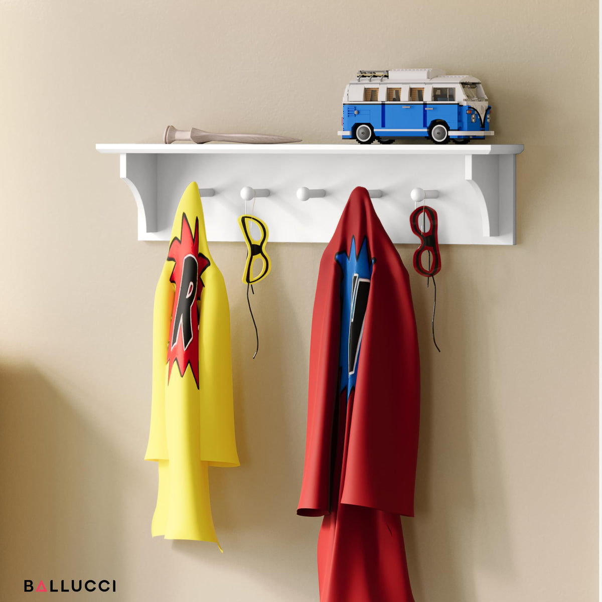 Wall Shelf with 5 Wooden Pegs, 24 Inch Coat and Hat Rack, White