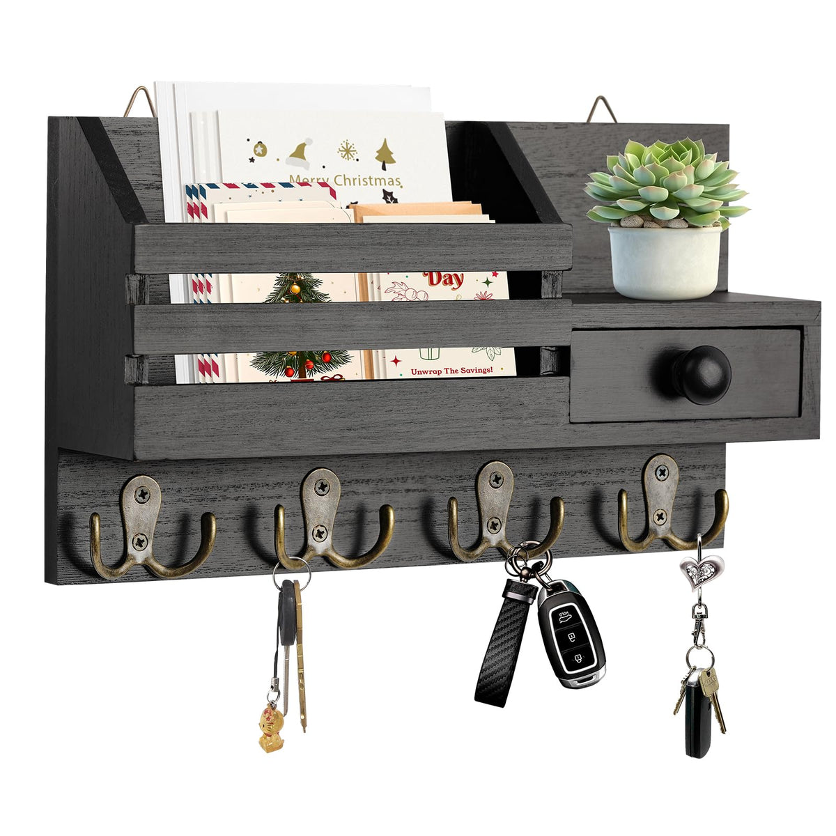 Wall Mounted Wooden Key Holder and Mail Organizer for Entryway, Black