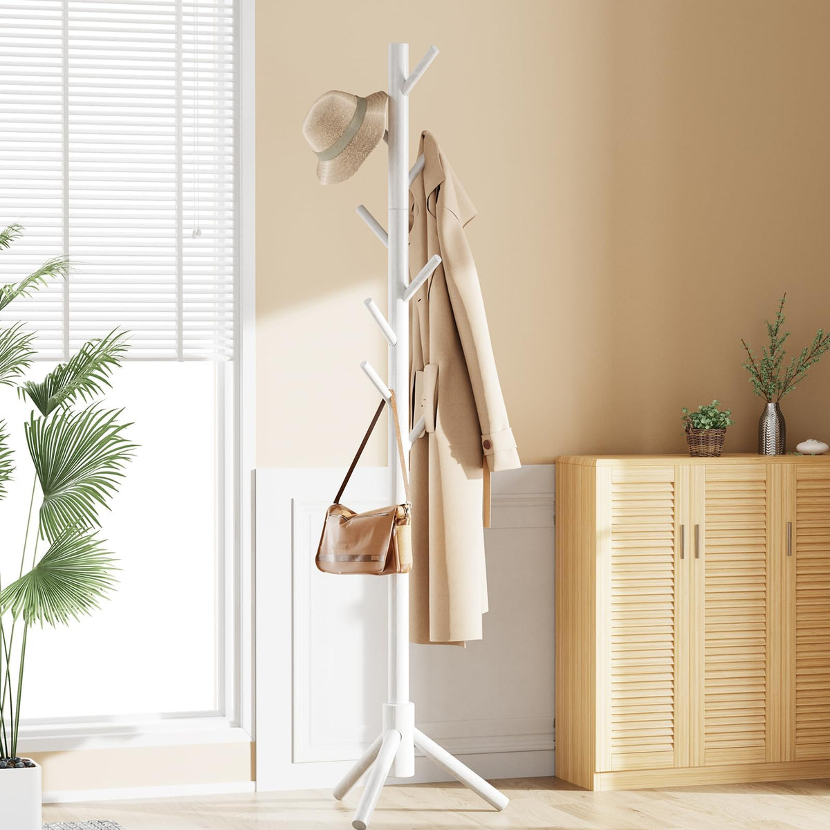 White Wooden Coat Rack Stand, 8 Hooks, 3 Height Settings
