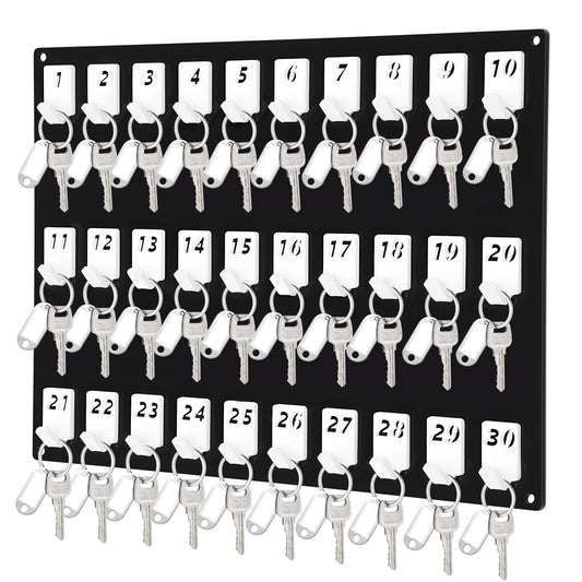 Acrylic Key Board with 30 Numbered Hooks, Black Wall Mount