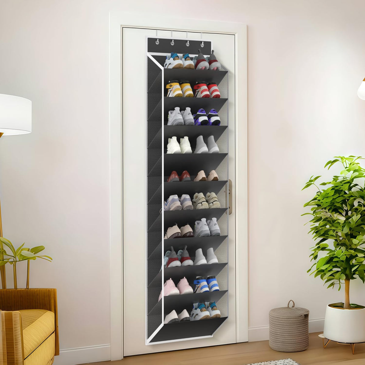Black Hanging Door Shoe Rack, 10 Tier Mesh Pockets, Up to 30 Pairs