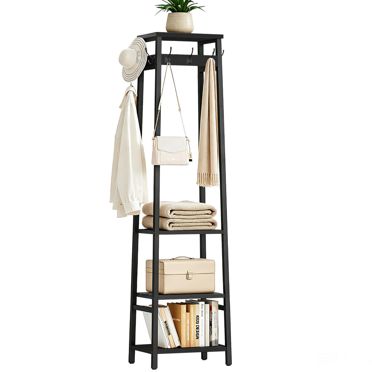 Black Coat Rack Stand with 3 Shelves and 7 Hooks, 70.8 Inch Tall