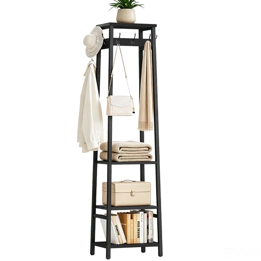 Black Coat Rack Stand with 3 Shelves and 7 Hooks, 70.8 Inch Tall