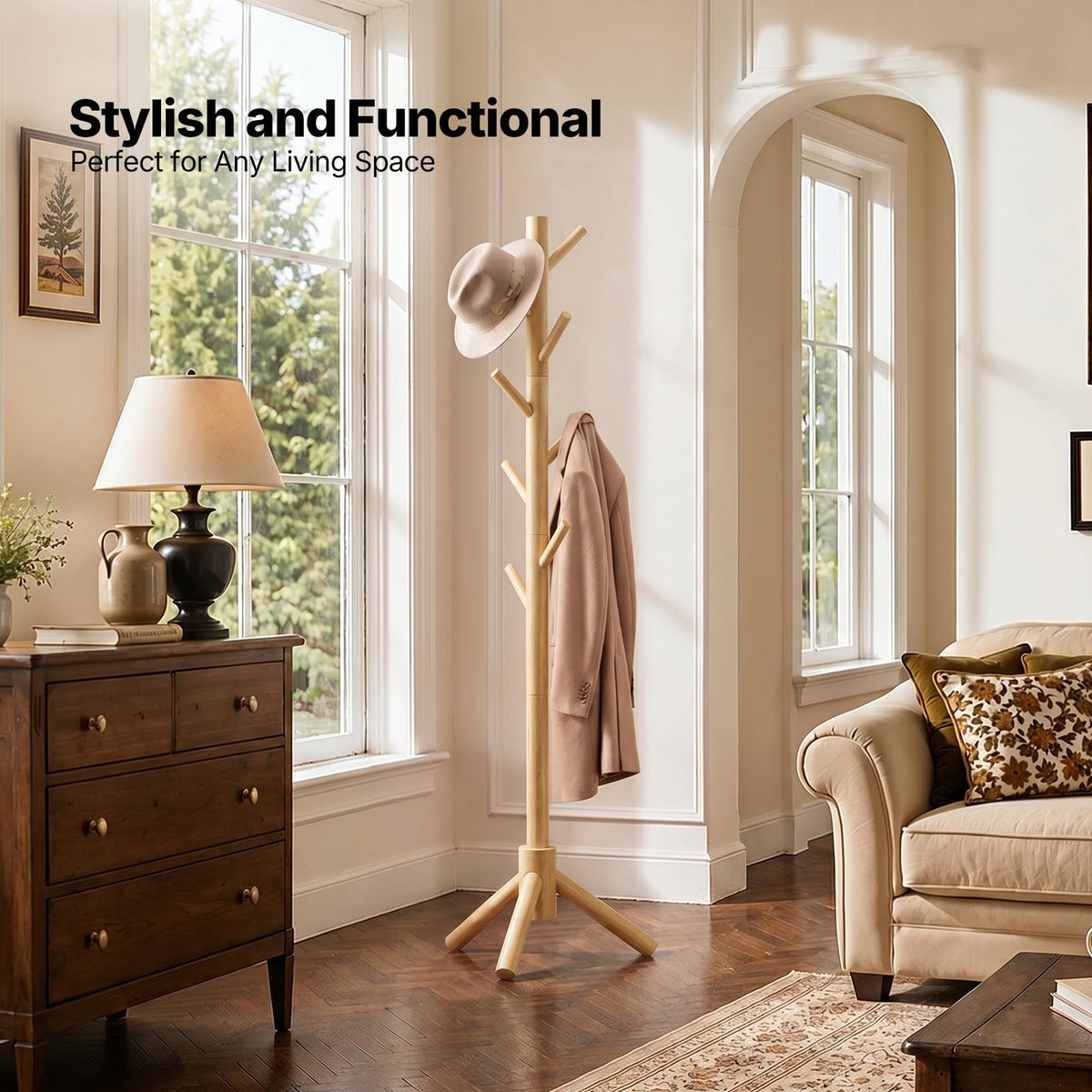Natural Solid Wood Coat Stand with 8 Hooks, 3 Height Settings