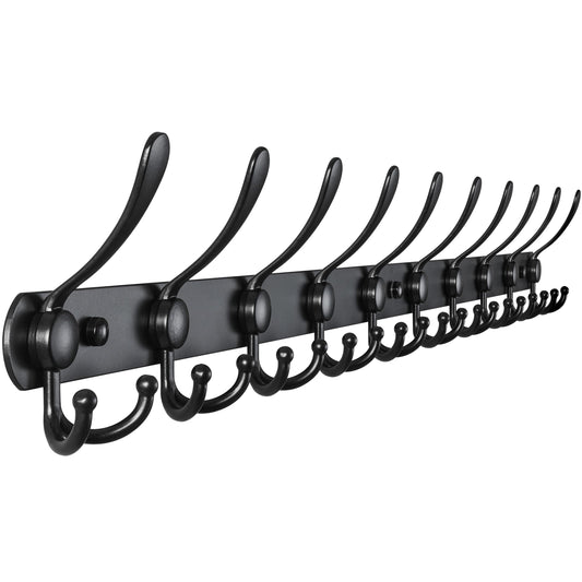 Long Black Coat Rack Rail, 38 Inch, 10 Triple Hooks for Wall