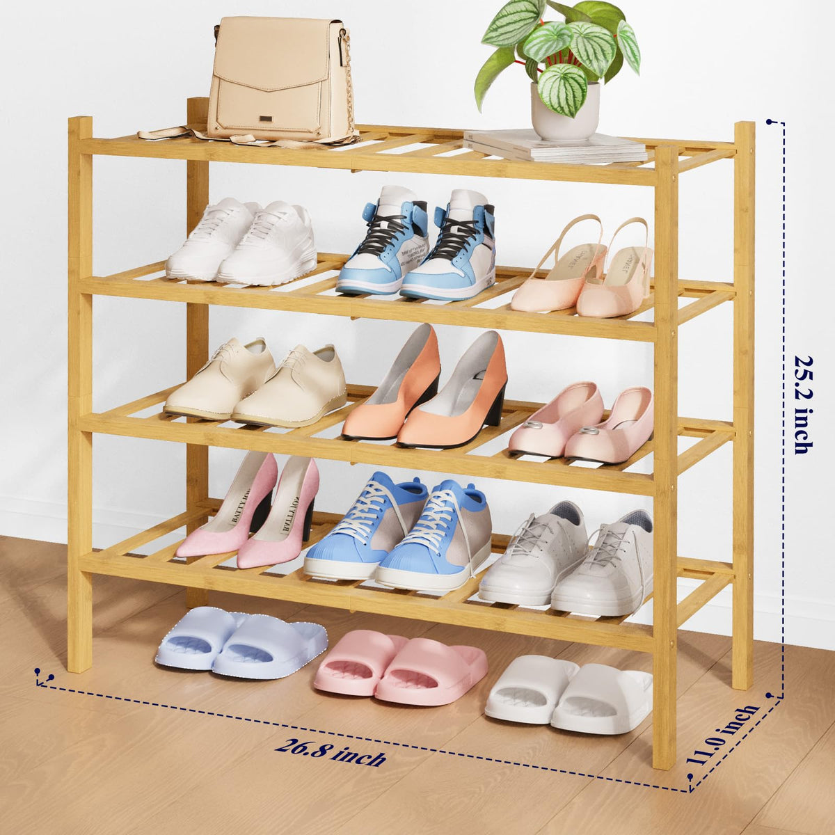 Natural Bamboo Shoe Rack, 4 Tier, 26.8 Inch Wide Stackable Shelf