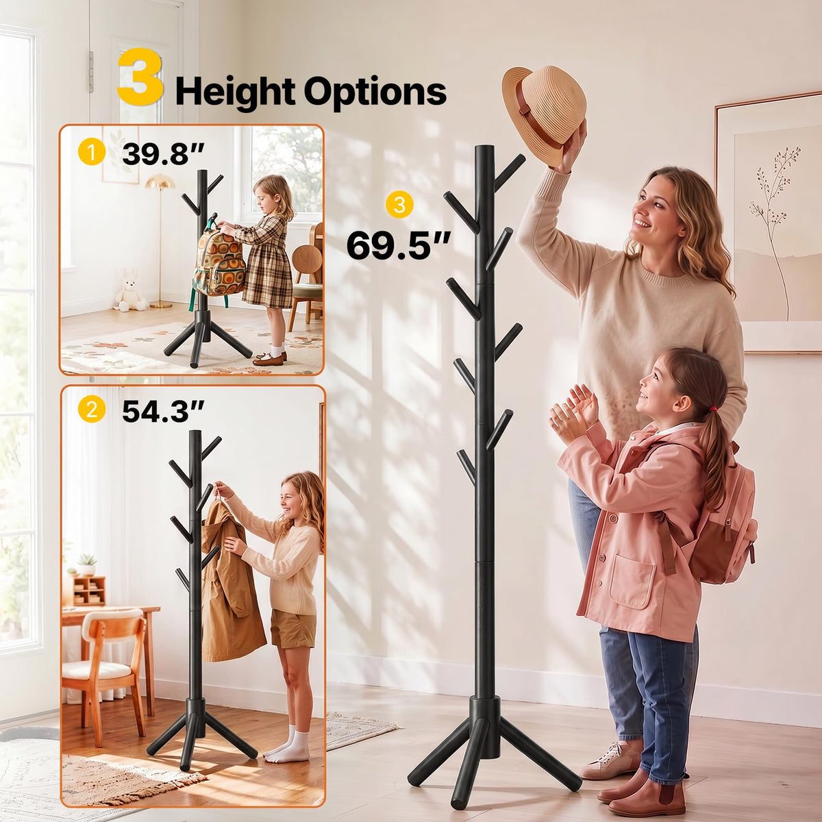 Black Wooden Coat Rack Freestanding, 8 Hooks, Adjustable Height