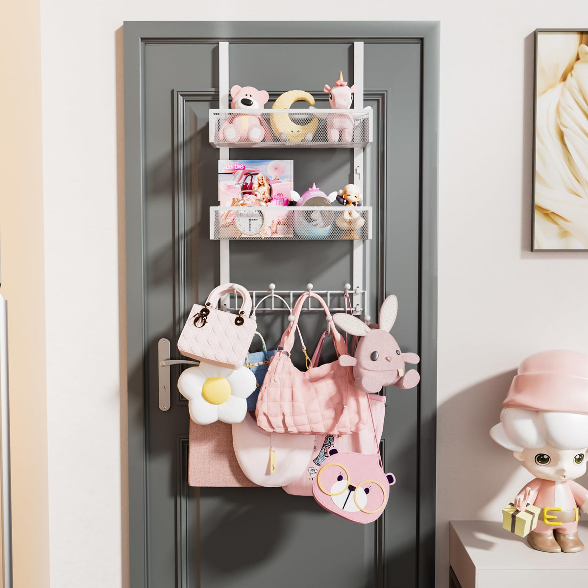 White Over Door Coat Hook Organizer with 2 Baskets and 9 Hooks