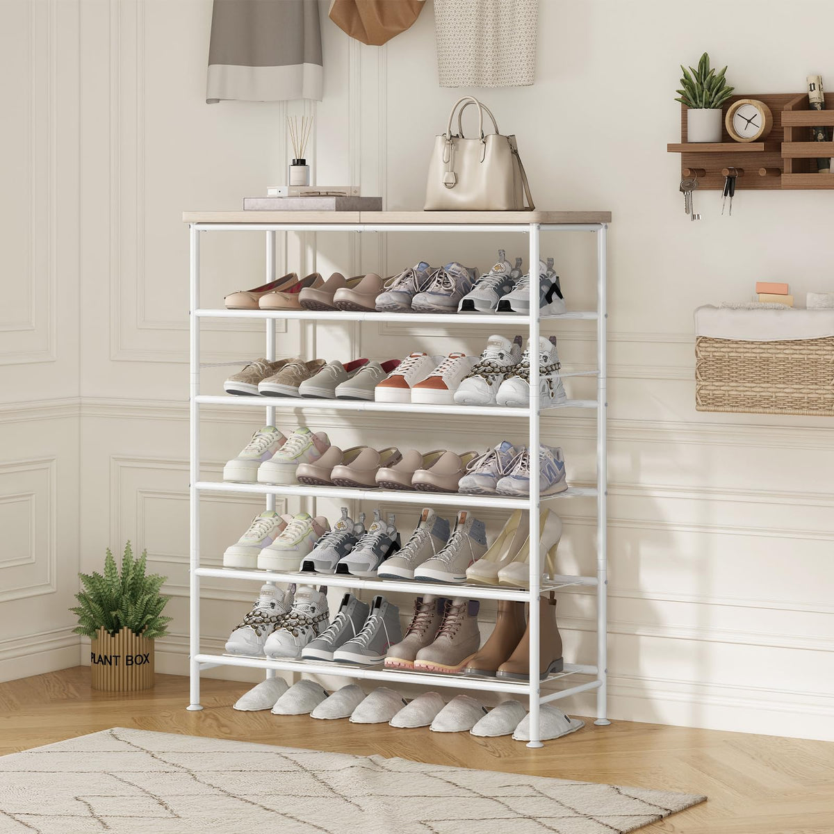 White and Oak 6 Tier Shoe Rack with Wood Tabletop, 31.5 Inch