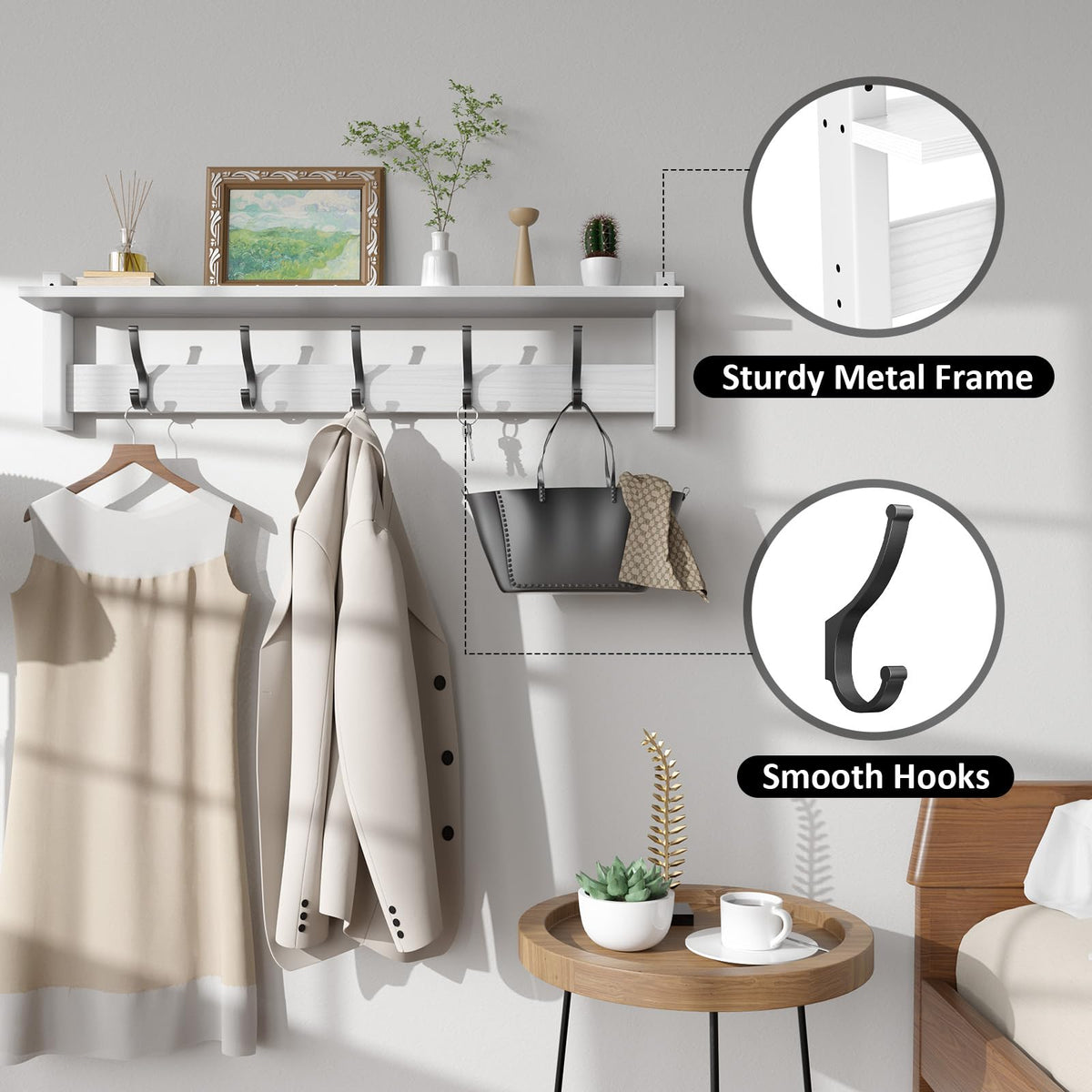 White Wall Hook Rack with Shelf, 29 Inch, 5 Coat Hooks