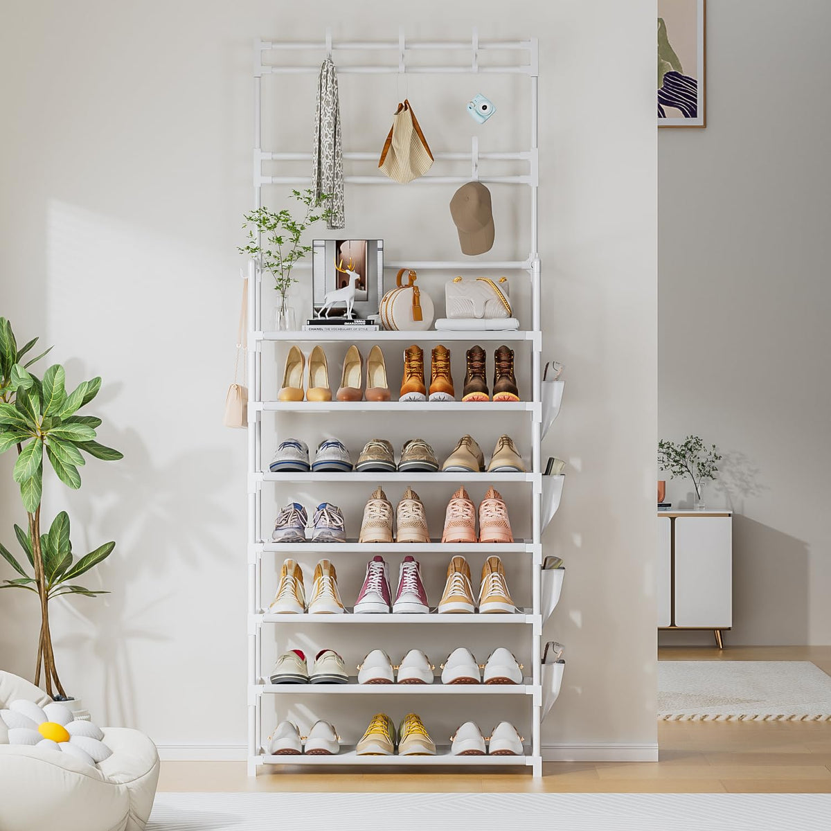 Tall 7 Tier Metal Shoe Rack with Hooks and Side Bag, 23.6 Inch, White