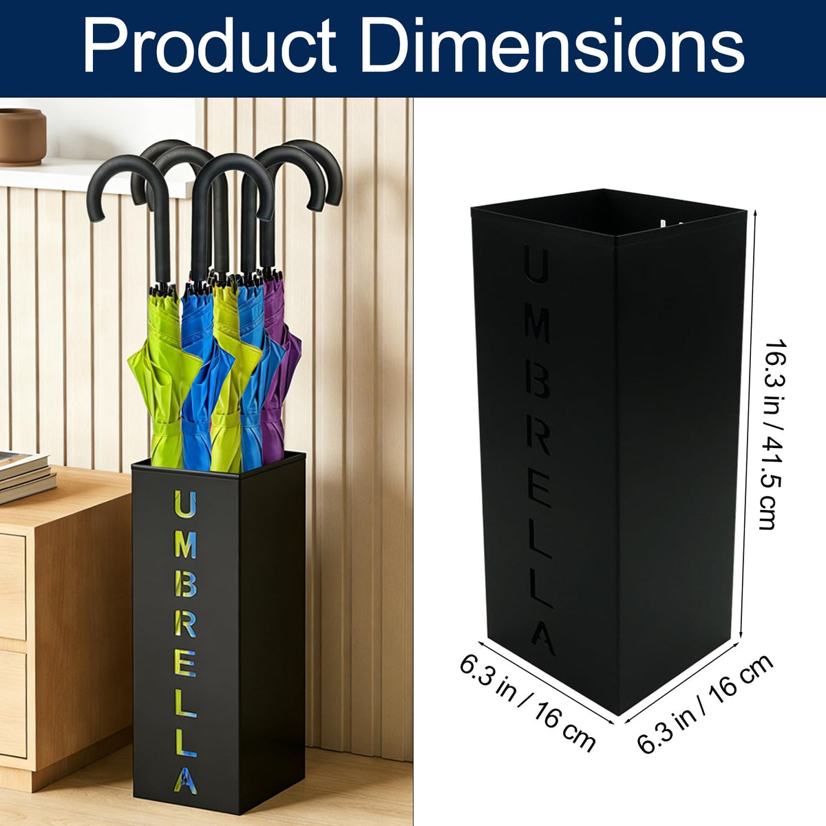 Square Black Metal Umbrella Stand with Letter Cutouts, 16.3 Inch