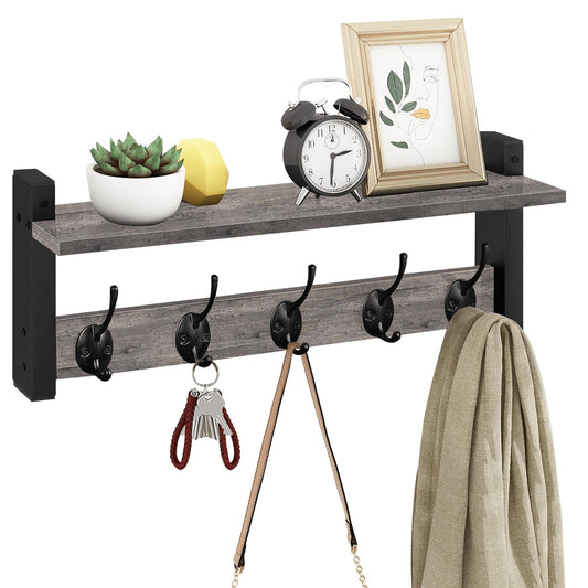 Rustic Grey Wall Shelf with Hooks, 17.1 Inch, 5 Dual Hooks