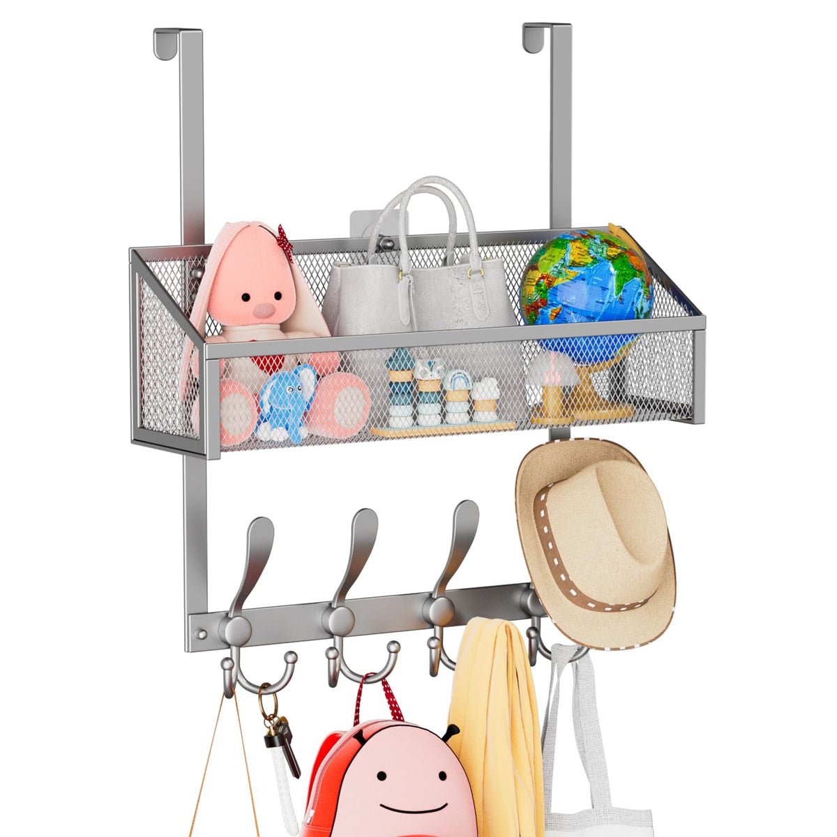 Over Door Storage Rack, 2 Tier, Silver Mesh Baskets and Coat Hooks