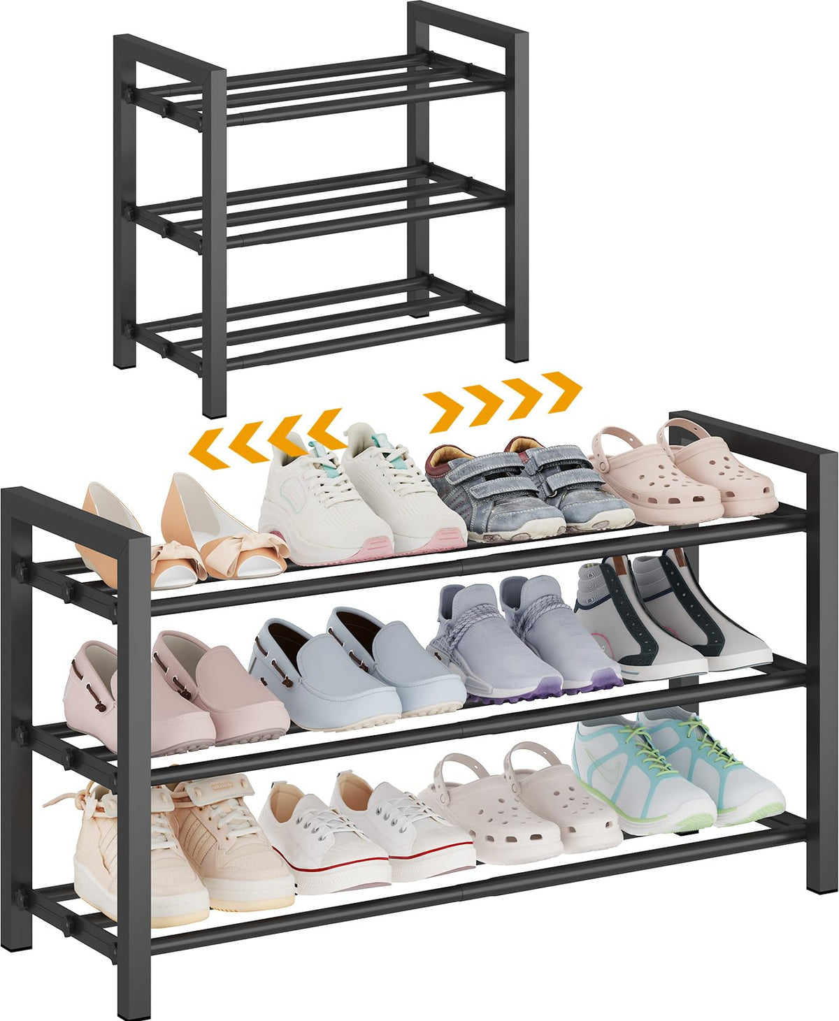 3-Tier Expandable Metal Shoe Rack for Entryway and Closet, Floor Shoe Organizer