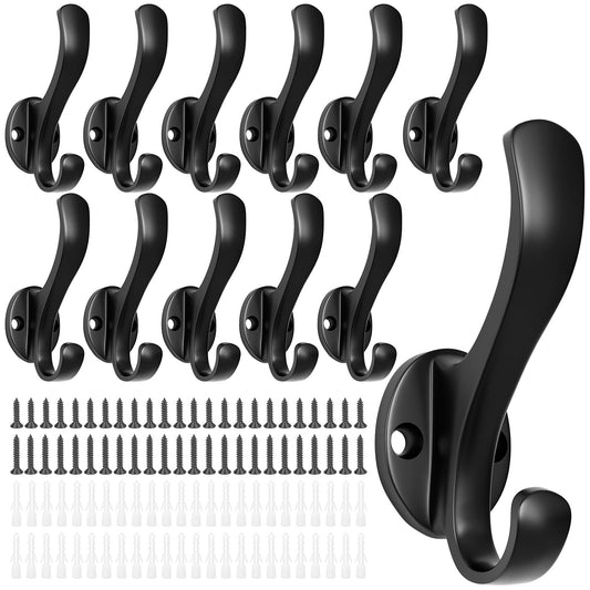 Double Prong Screw-In Wall Hooks, 12 Pack, Matte Black Metal