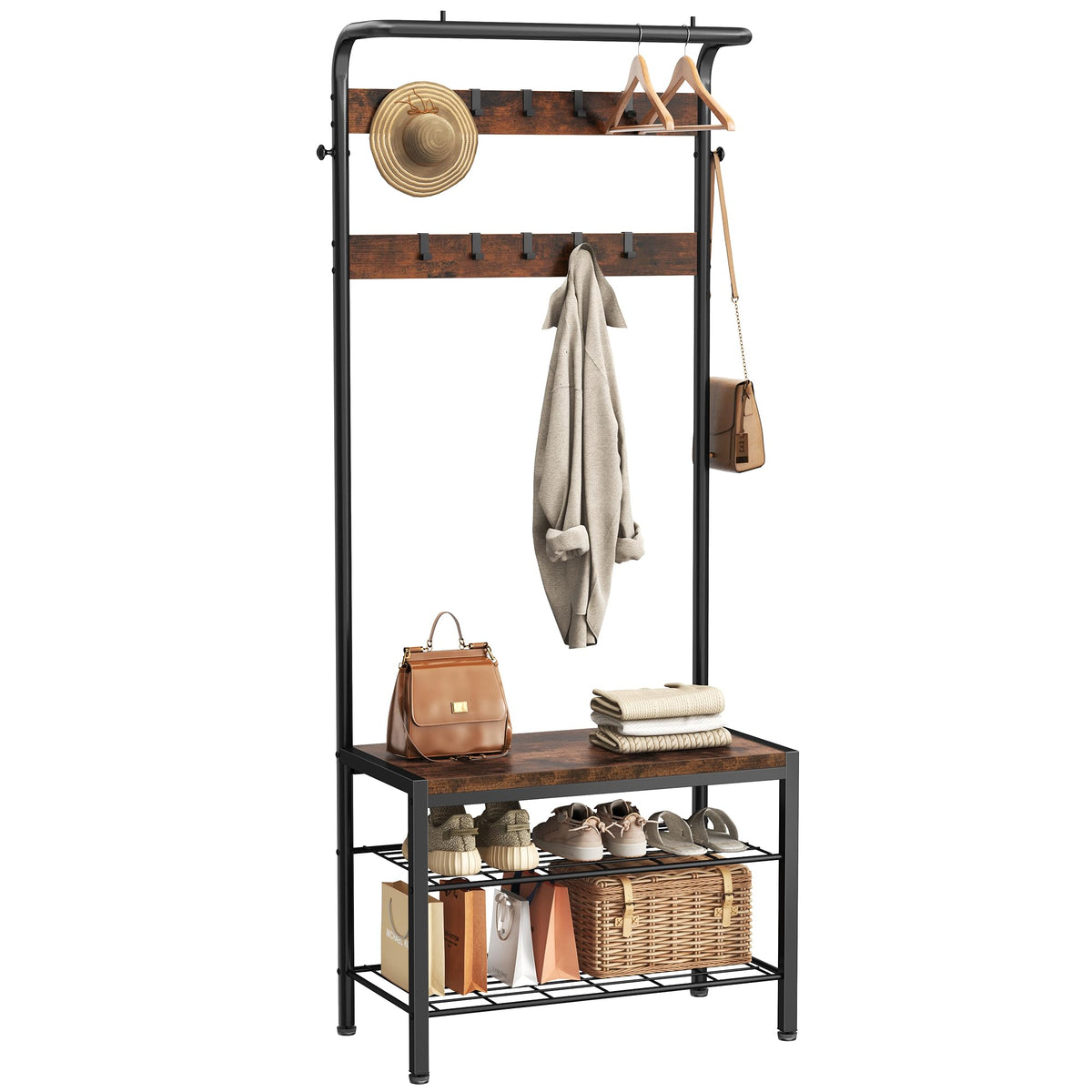 4 in 1 Hall Tree with Shoe Bench, 10 Hooks and Storage Shelf, Deep Brown