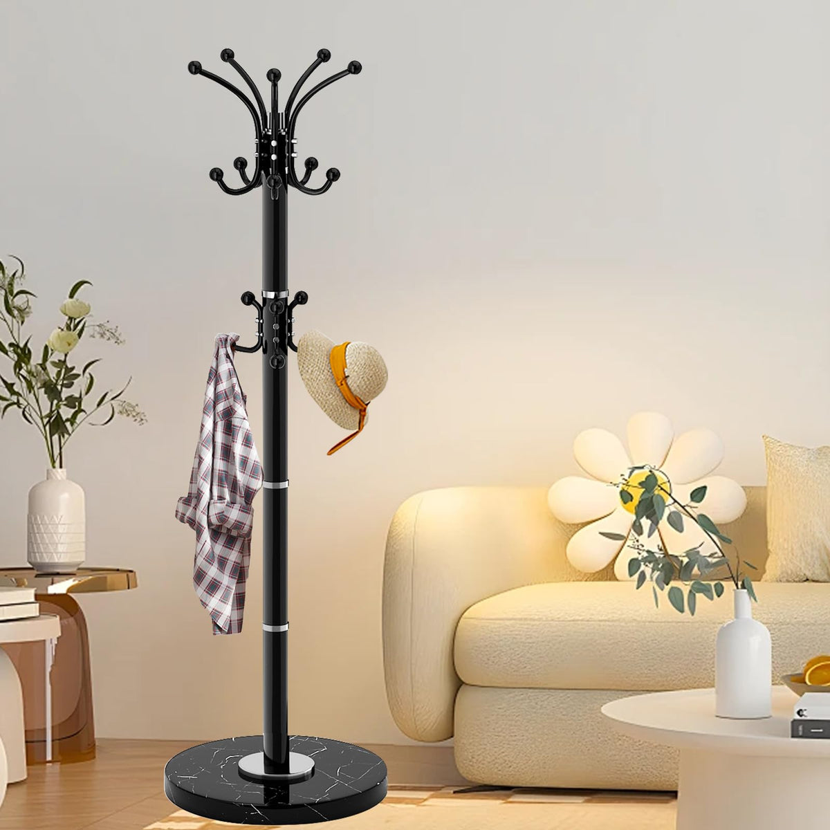 Rotating Coat Stand with Marble Base, 16 Hooks, Black Steel