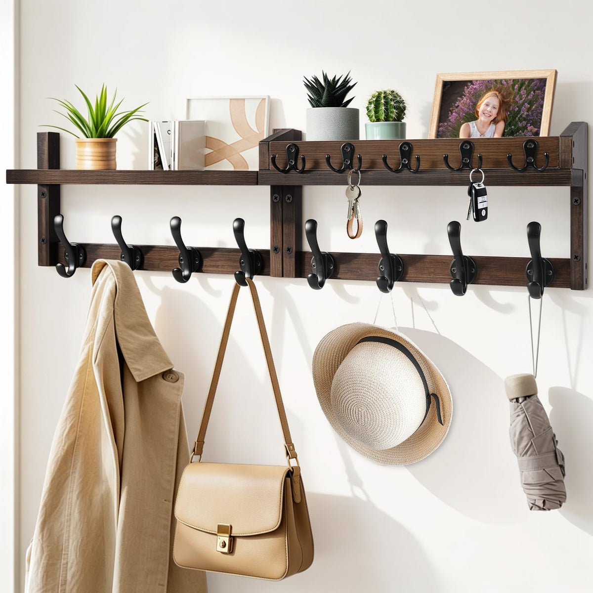 Wall Coat Rack with Shelf and Mail Holder, 33.86 Inch, 13 Hooks