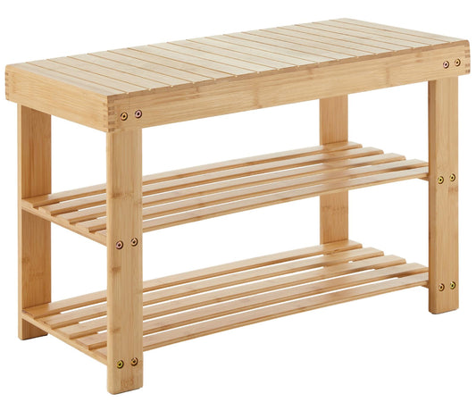 3-Tier Bamboo Shoe Rack Bench with Storage, Wooden Entryway Bench, Classic Wood
