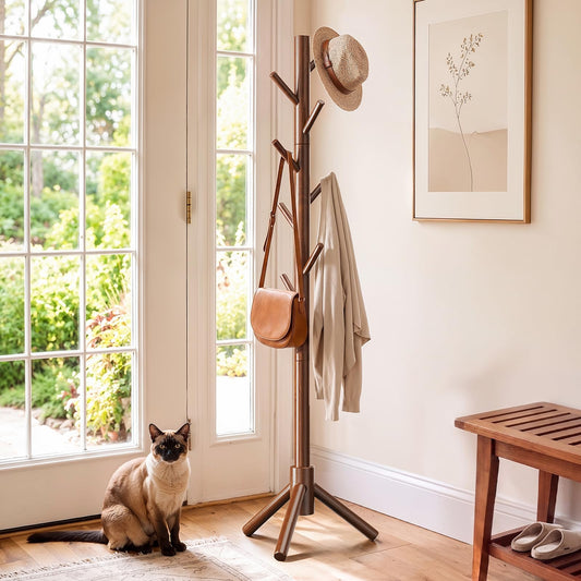Freestanding Wooden Coat Stand, 8 Hooks, Walnut, Tool Free