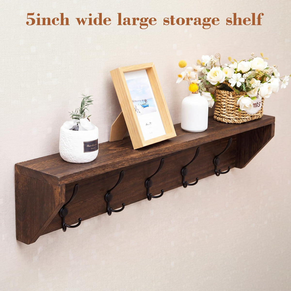 Wall Coat Rack with Shelf, 35 Inch, Wood and Metal Hook Rail
