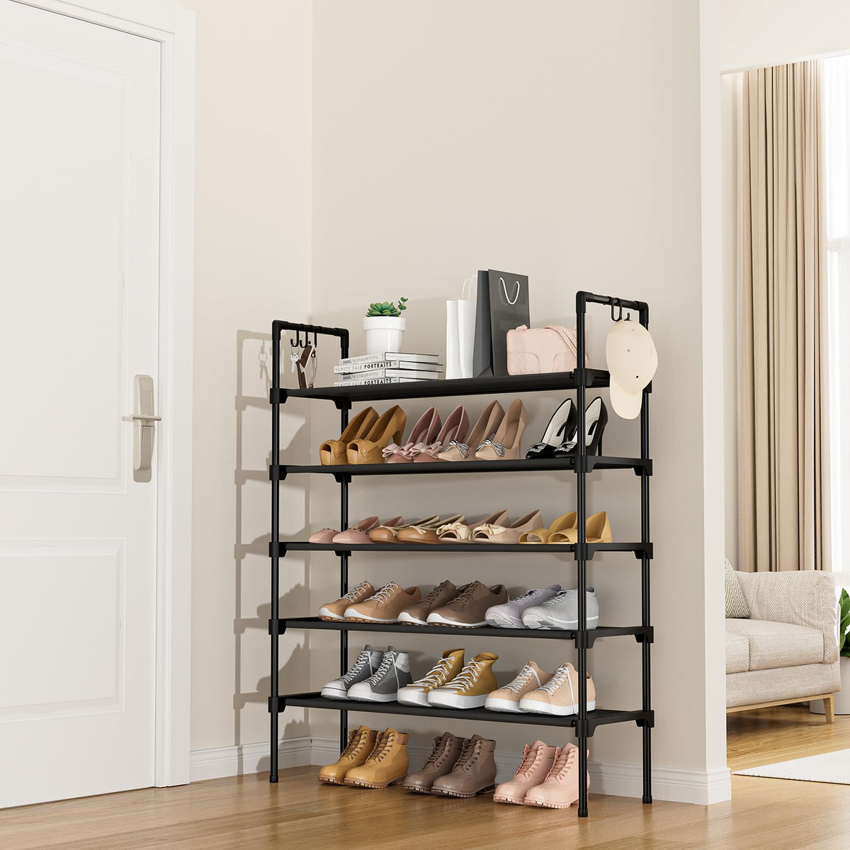 5 Tier Black Shoe Rack with 5 Side Hooks, 27.8 Inch Wide