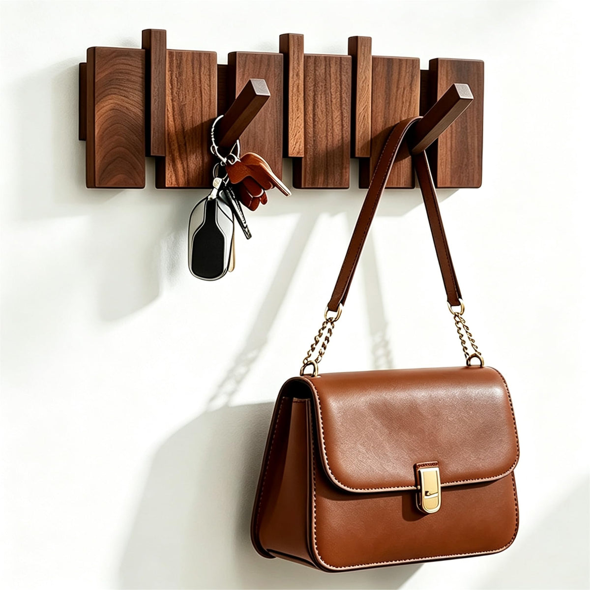 Flip-Down Wall Coat Hooks, 5 Hooks, Walnut Wood Picket Hanger