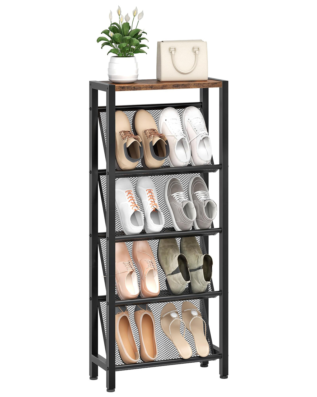 Slim Slanted Shoe Rack, 5 Tier with Wood Top, Rustic Brown and Black