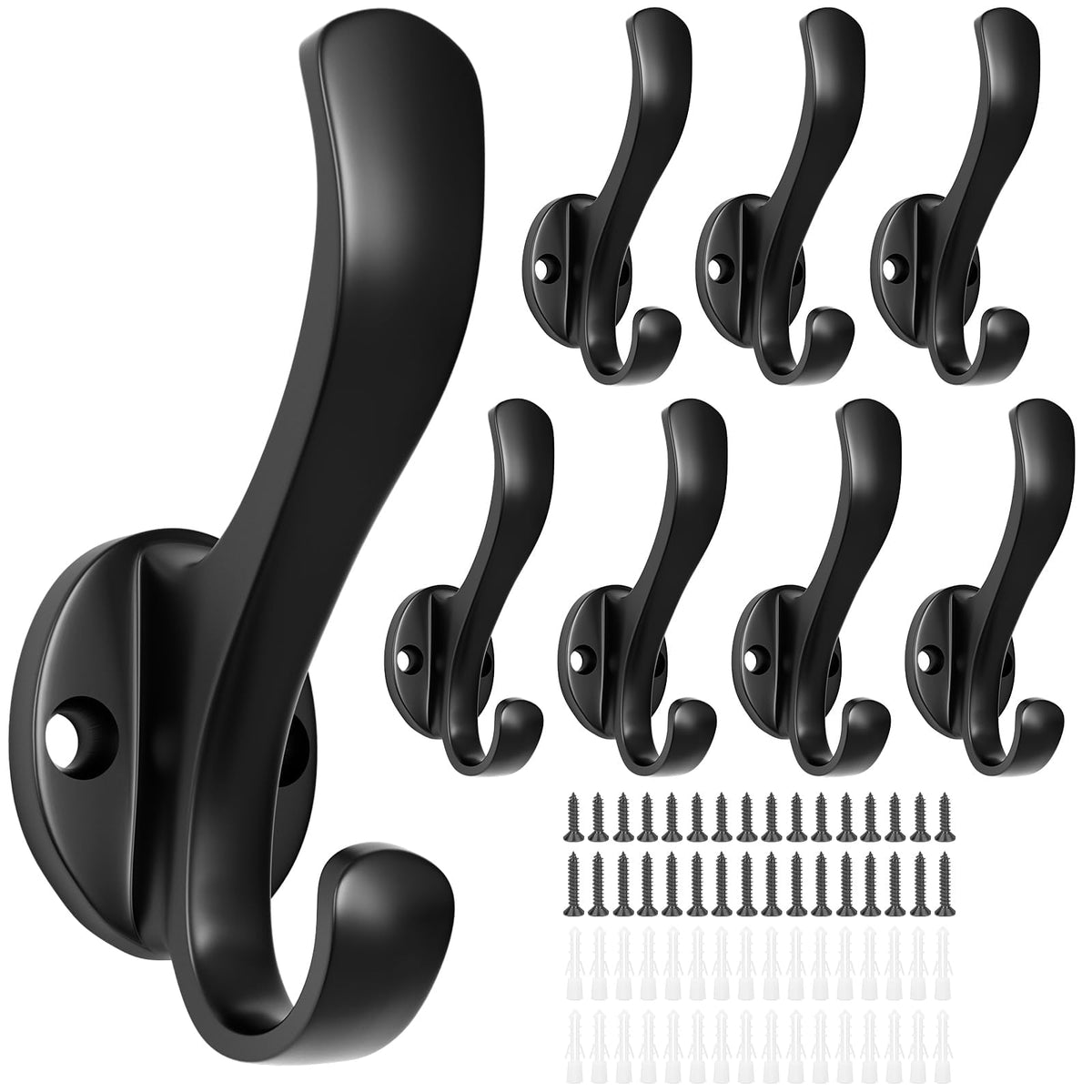 Black Double Prong Wall Hooks, 8 Pack, Heavy Duty Metal Coat Hooks
