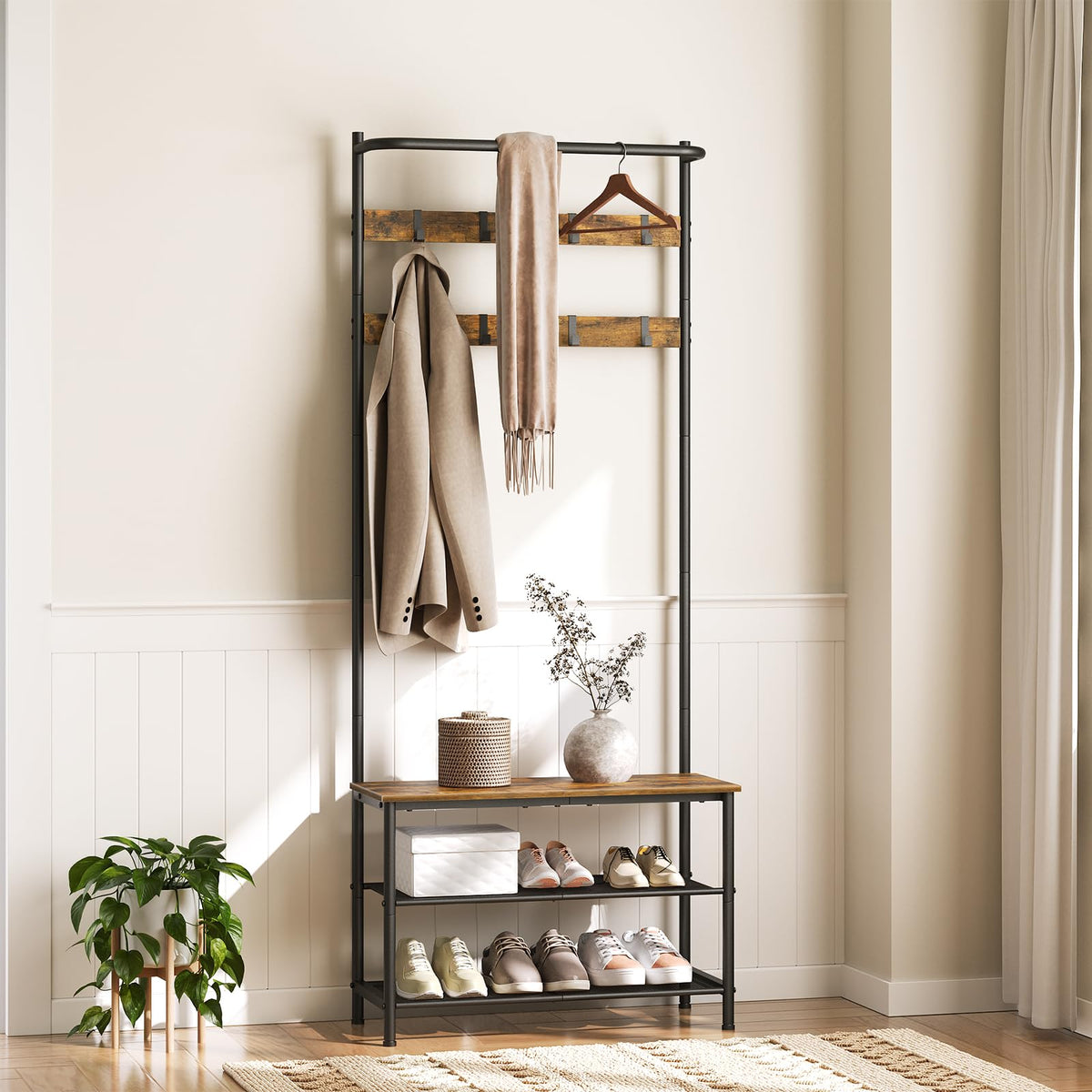 Hall Tree with Shoe Bench and 3 Tier Shoe Rack, 8 Adjustable Hooks, Brown