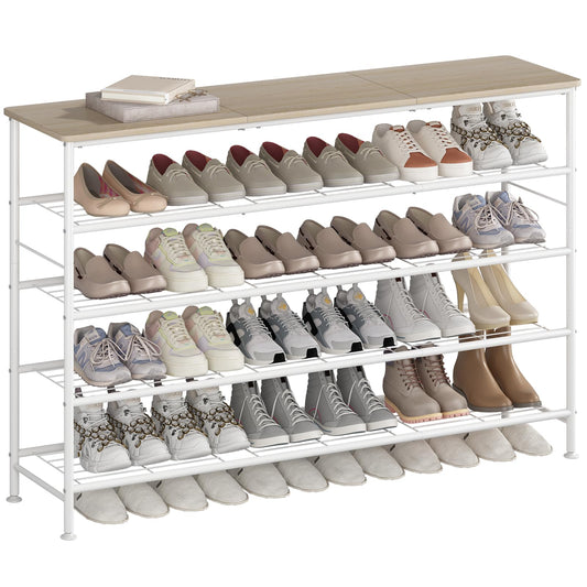 Extra Long 5 Tier Shoe Rack, 47.2 Inch, White and Oak with Wood Top