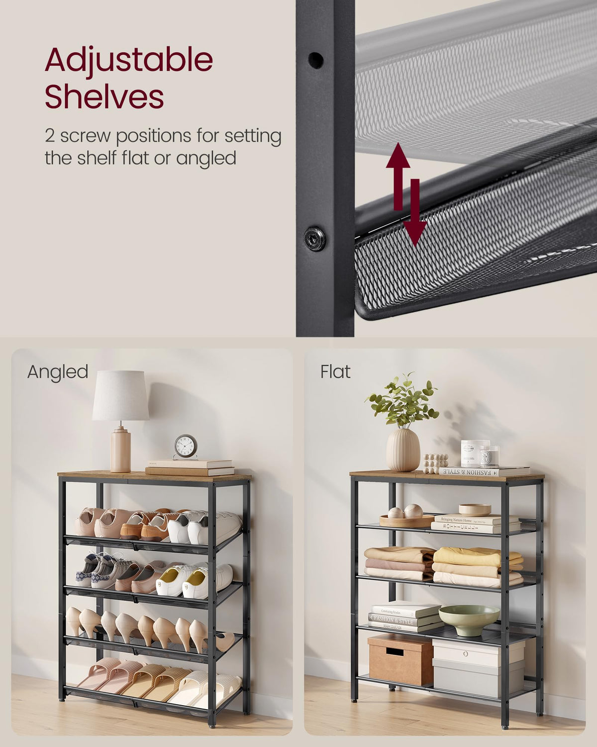 5 Tier Shoe Rack, Adjustable Shelves, Honey Brown and Black