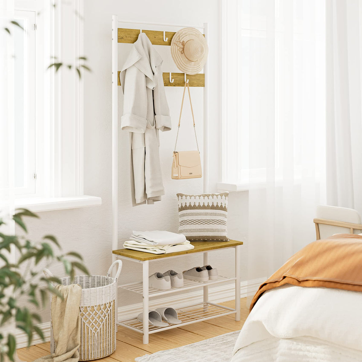 3-in-1 Hall Tree with Bench, Shoe Shelves and 9 Movable Hooks, White