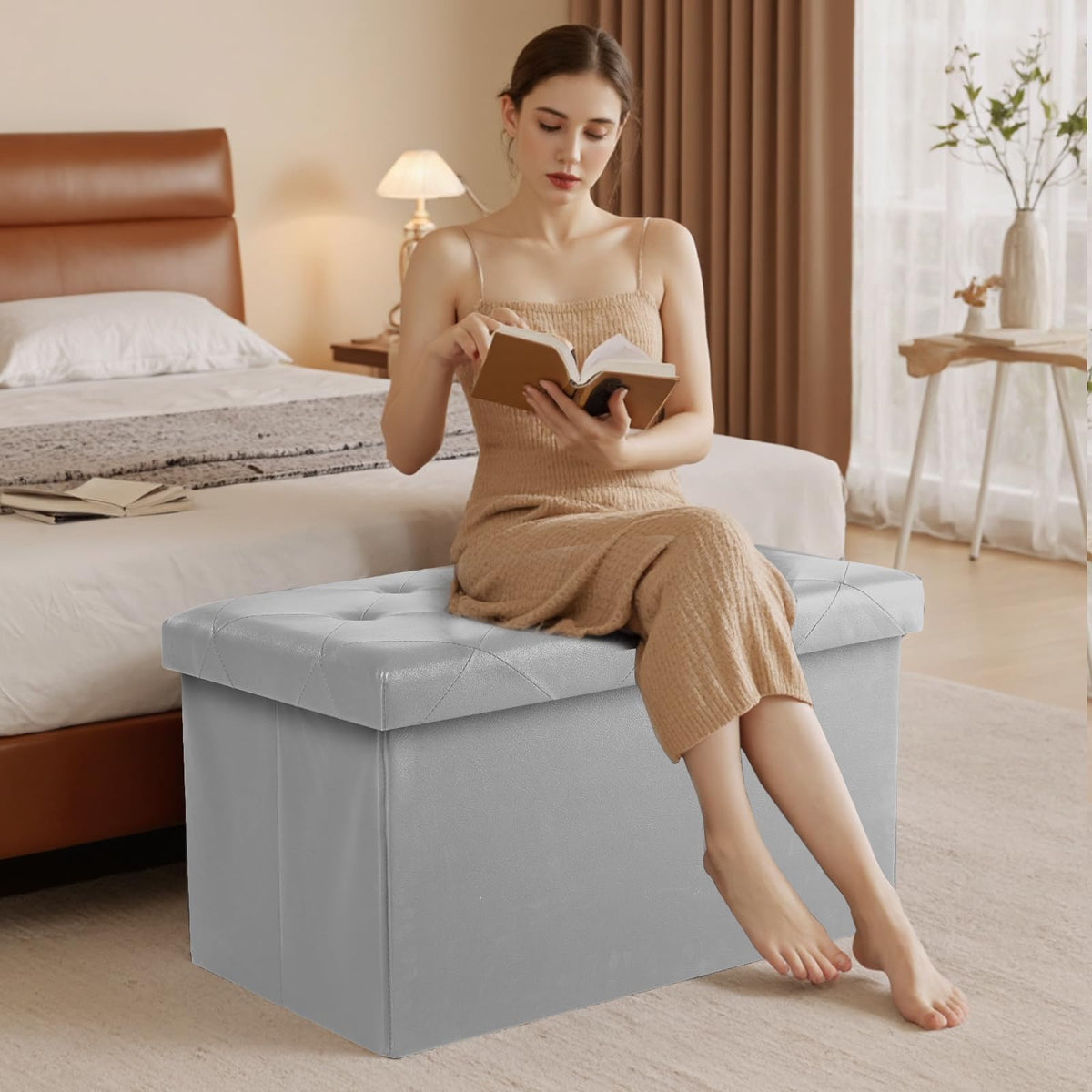 Folding Storage Ottoman Bench, 30 Inch, Grey Faux Leather, 24 Gallon