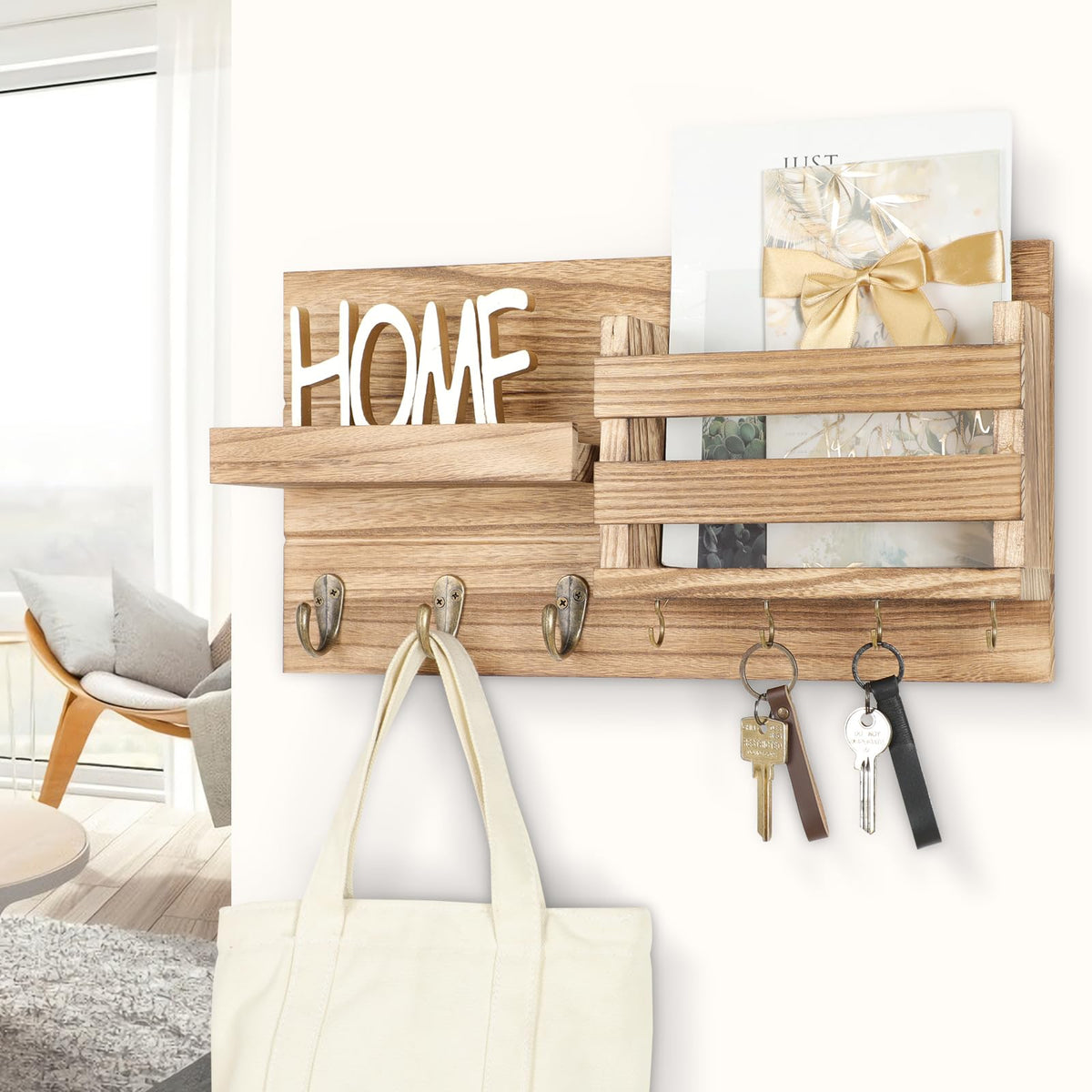 Wood Mail Organizer and Key Holder with Shelf, 3 Coat Hooks, 4 Key Hooks