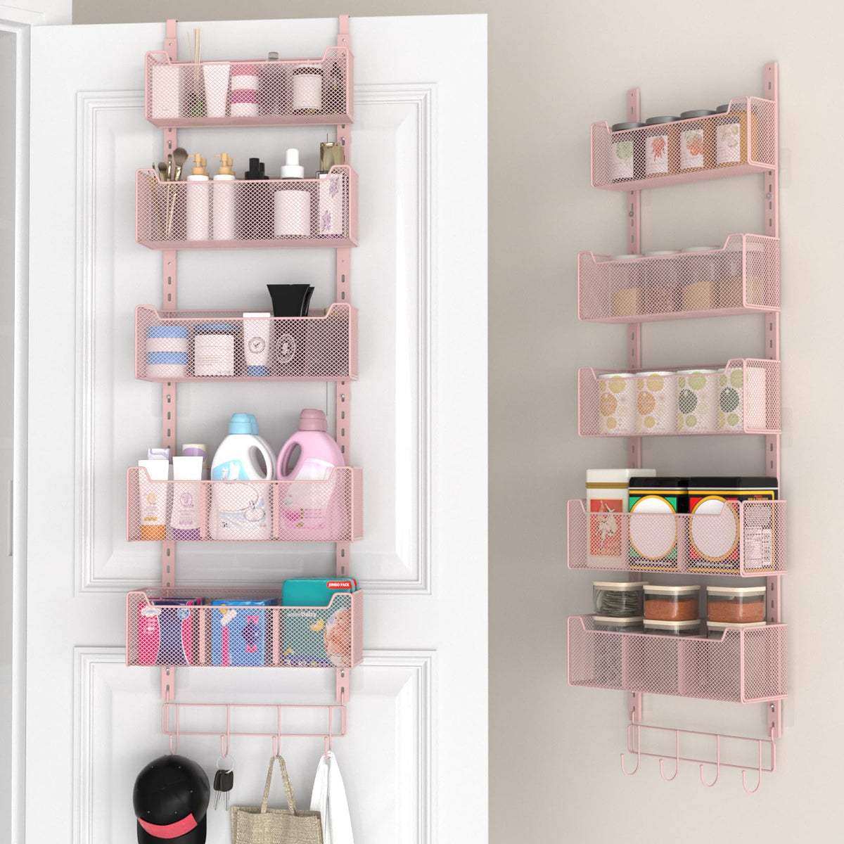 Pink Over the Door Organizer, 5 Adjustable Metal Baskets and Coat Hook